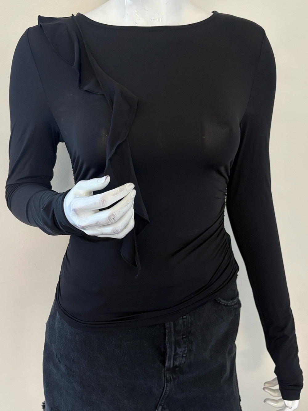 Lioness Rendezvous Black Flutter Detail Long Sleeve Fitted Top w Ruched Sides